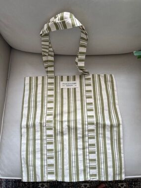 New Sezane Striped Canvas Tote Bag in Green and Cream Stripe